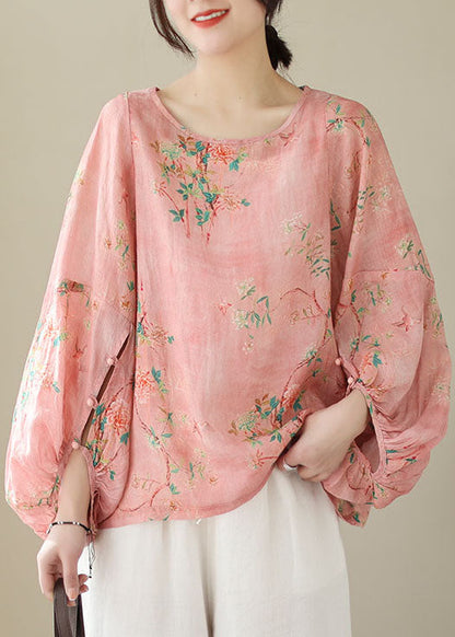 Unique Pink O Neck Print Patchwork Cotton Top Lantern Sleeve TP1001