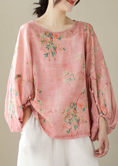 Unique Pink O Neck Print Patchwork Cotton Top Lantern Sleeve TP1001