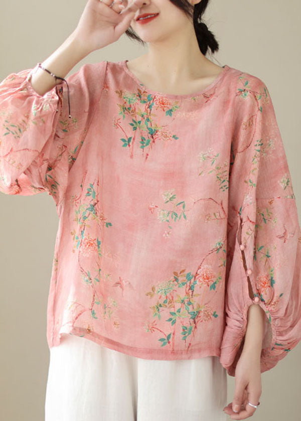 Unique Pink O Neck Print Patchwork Cotton Top Lantern Sleeve TP1001