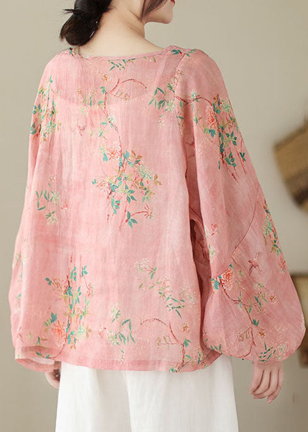 Unique Pink O Neck Print Patchwork Cotton Top Lantern Sleeve TP1001