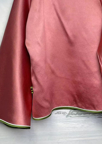 Unique Pink Stand Collar Patchwork Chinese Button Silk Blouses Spring LC0261