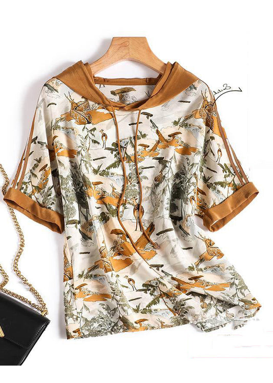 Unique Print Patchwork Drawstring Silk Hooded Top Short Sleeve LY0383