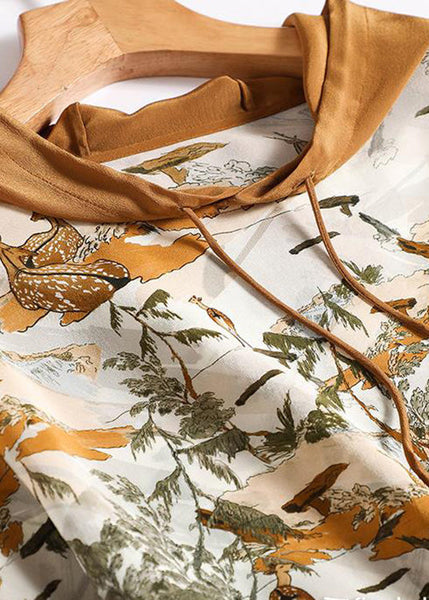 Unique Print Patchwork Drawstring Silk Hooded Top Short Sleeve LY0383