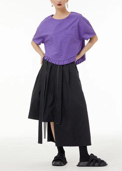 Chemise d'été unique violette à col rond et patchwork en coton froissé LC0134