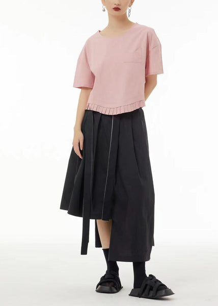 Chemise d'été unique violette à col rond et patchwork en coton froissé LC0134