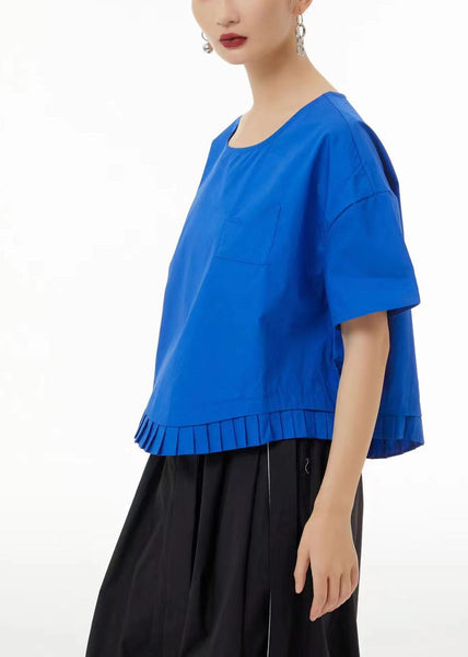 Chemise d'été unique violette à col rond et patchwork en coton froissé LC0134