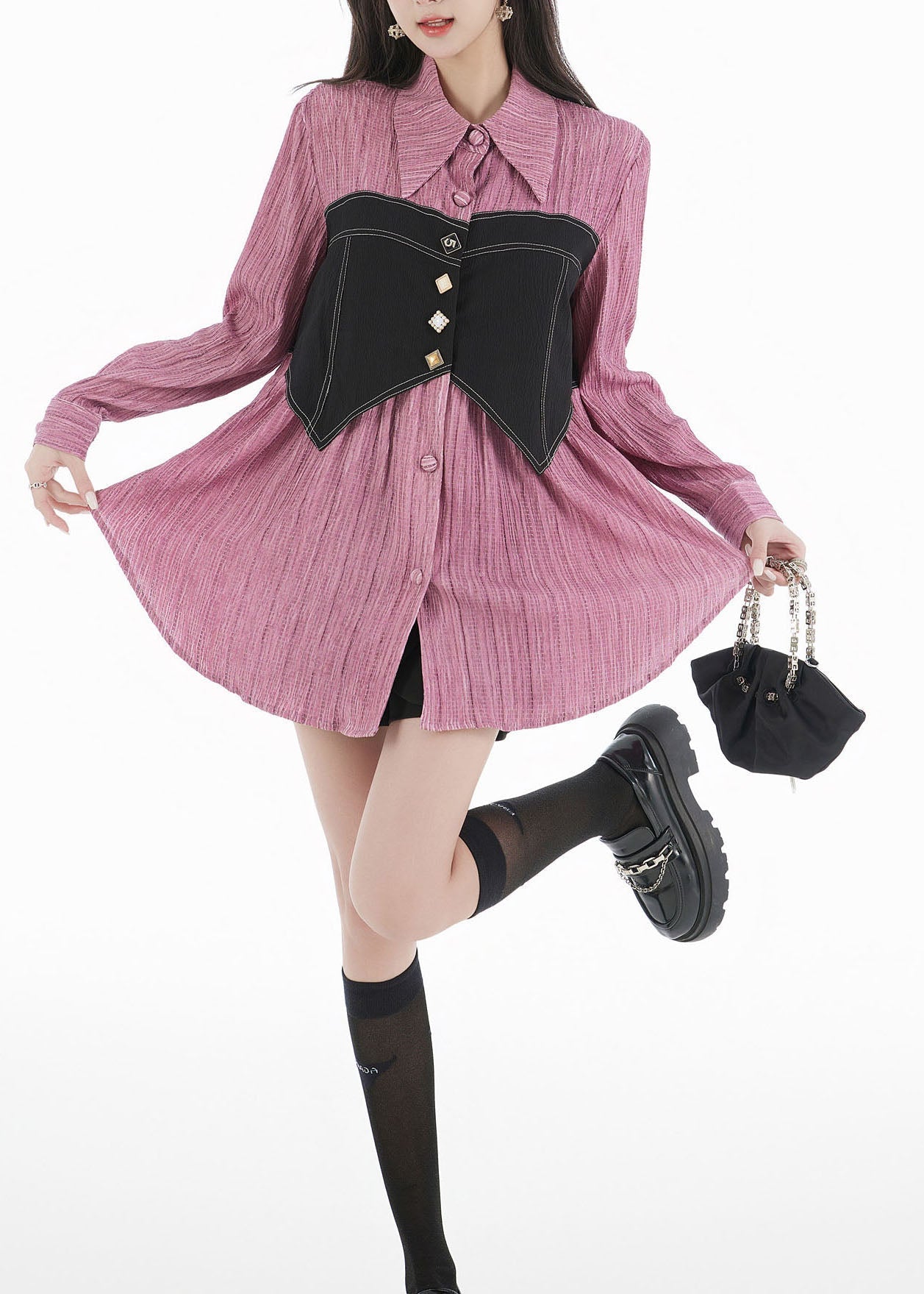 Unique Purple Peter Pan Collar Patchwork Cotton Blouses Spring LY0763