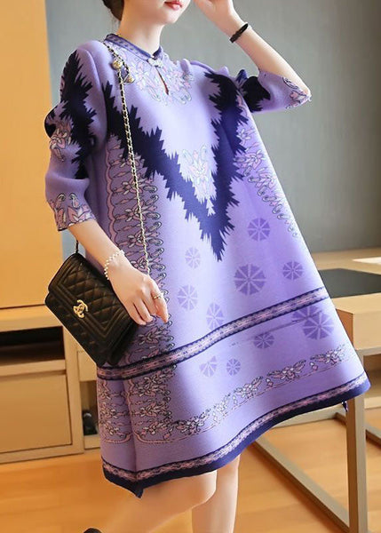 Unique Purple Stand Collar Print Party Dress Half Sleeve LY1459