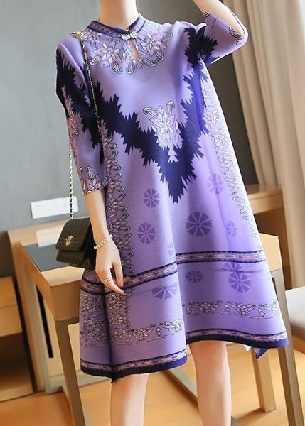 Unique Purple Stand Collar Print Party Dress Half Sleeve LY1459