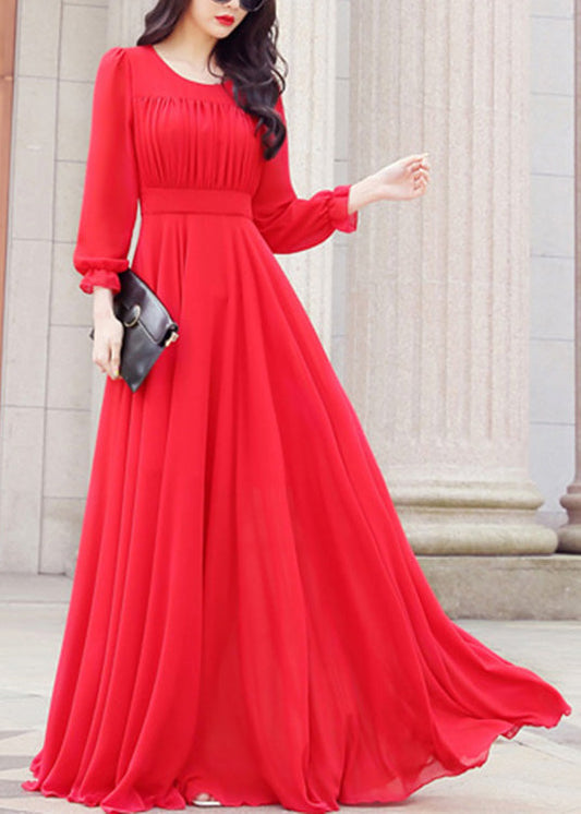 Unique Red O-Neck Slim Solid Chiffon Maxi Dress Spring LY1712