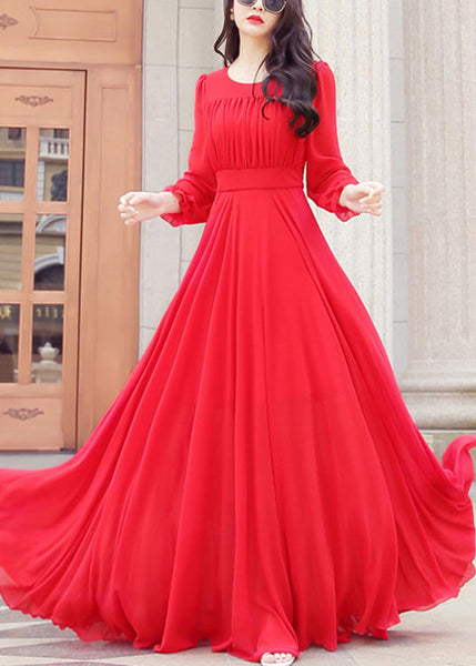 Unique Red O-Neck Slim Solid Chiffon Maxi Dress Spring LY1712