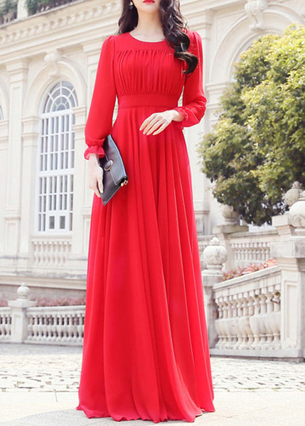 Unique Red O-Neck Slim Solid Chiffon Maxi Dress Spring LY1712