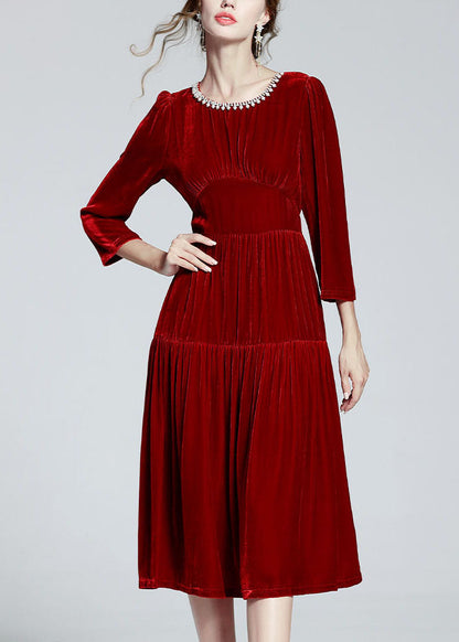 Unique Red O Neck Zircon Patchwork Silk Velour Dresses Spring LY0108