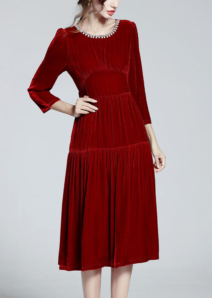 Unique Red O Neck Zircon Patchwork Silk Velour Dresses Spring LY0108