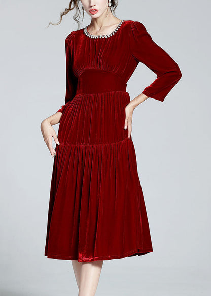 Unique Red O Neck Zircon Patchwork Silk Velour Dresses Spring LY0108