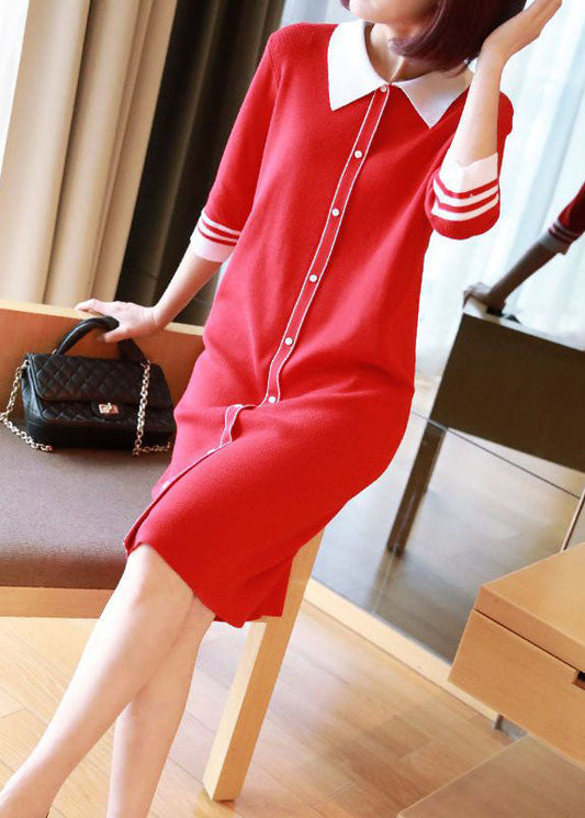 Unique Red Peter Pan Collar Button Knit Dresses Half Sleeve LY1446