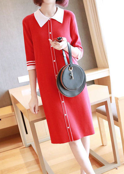 Unique Red Peter Pan Collar Button Knit Dresses Half Sleeve LY1446