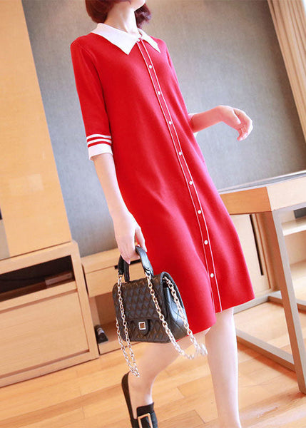 Unique Red Peter Pan Collar Button Knit Dresses Half Sleeve LY1446