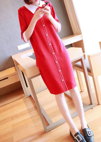 Unique Red Peter Pan Collar Button Knit Dresses Half Sleeve LY1446