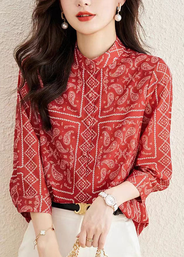 Unique Red Stand Collar Print Patchwork Silk Top Bracelet Sleeve TP1013