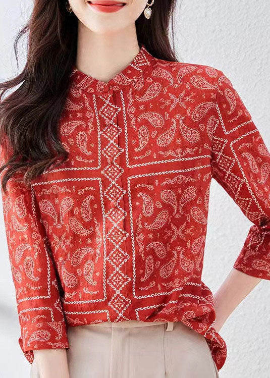 Unique Red Stand Collar Print Patchwork Silk Top Bracelet Sleeve TP1013