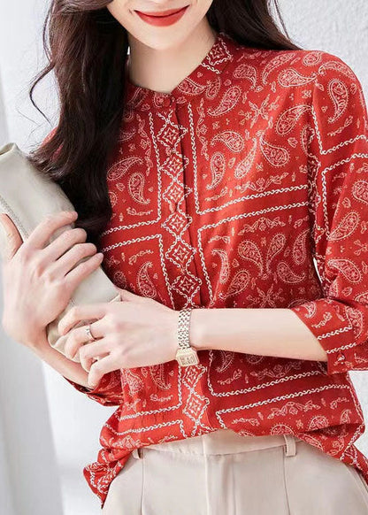 Unique Red Stand Collar Print Patchwork Silk Top Bracelet Sleeve TP1013