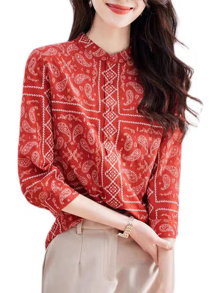 Unique Red Stand Collar Print Patchwork Silk Top Bracelet Sleeve TP1013