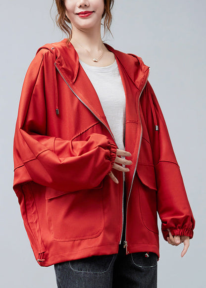 Unique Red Zippered Drawstring Cotton Hoodies Coats Spring AC2030