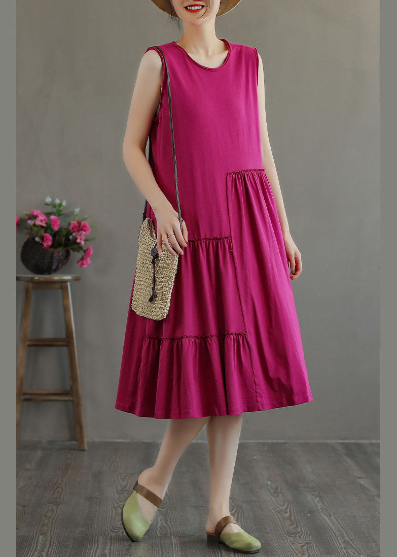 Unique Rose O-Neck Wrinkled Cotton Maxi Dresses Sleeveless TG1026