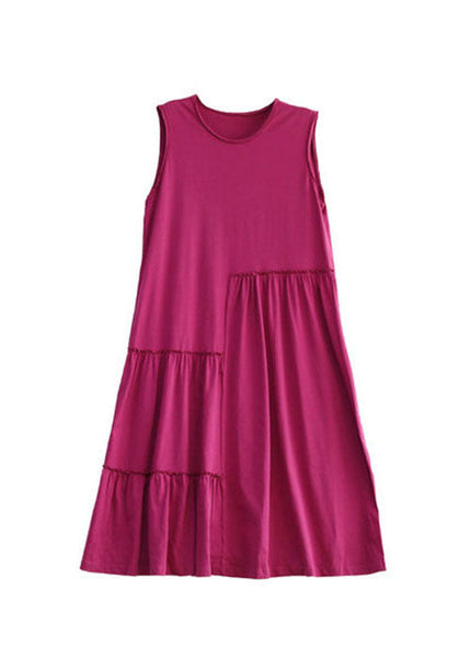 Robe longue sans manches en coton froissé à col rond rose unique TG1026