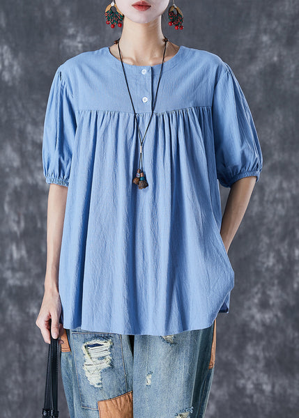 Unique Sky Blue Oversized Patchwork Linen Top Summer TD1044