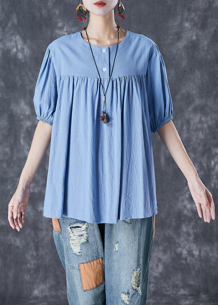 Unique Sky Blue Oversized Patchwork Linen Top Summer TD1044