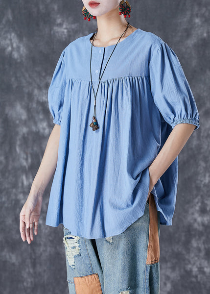 Unique Sky Blue Oversized Patchwork Linen Top Summer TD1044
