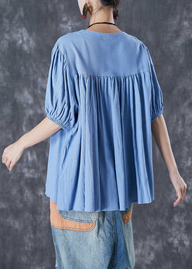 Unique Sky Blue Oversized Patchwork Linen Top Summer TD1044