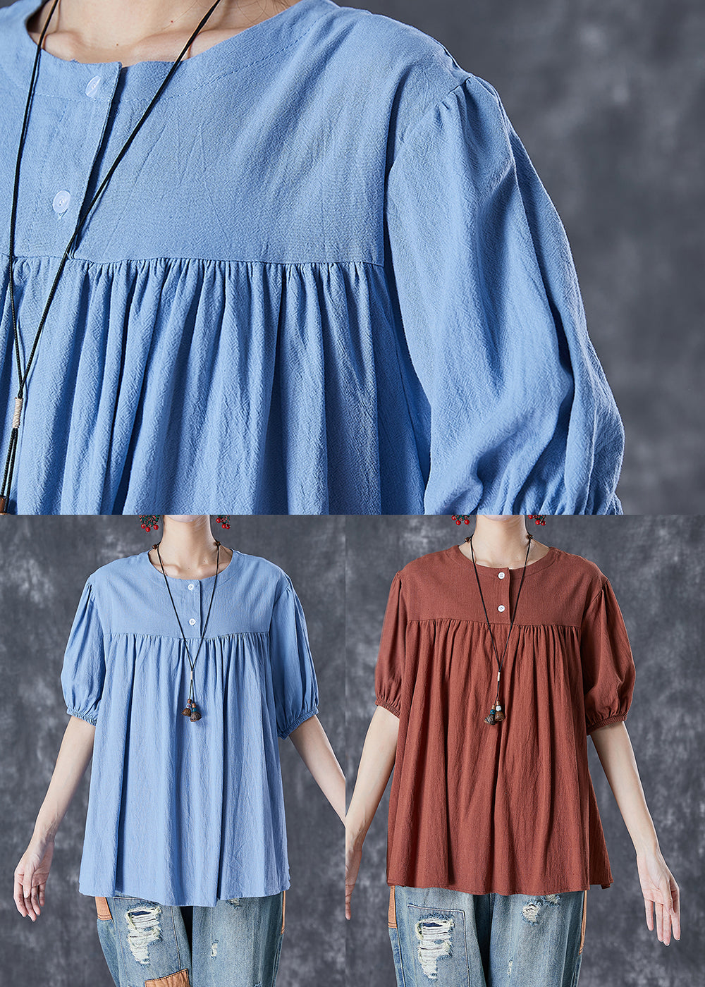 Unique Sky Blue Oversized Patchwork Linen Top Summer TD1044
