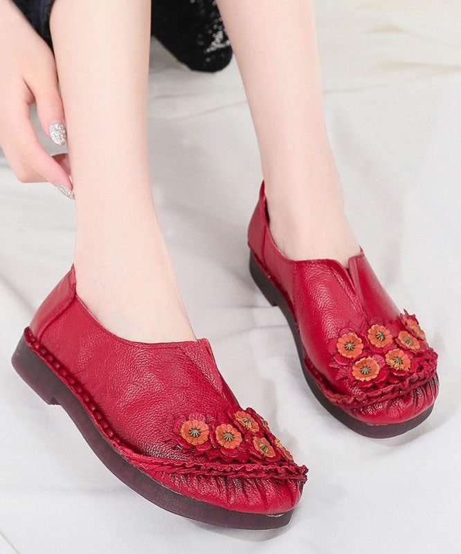 Unique Splicing Flat Shoes For Women Red Floral Cowhide Leather LY0172