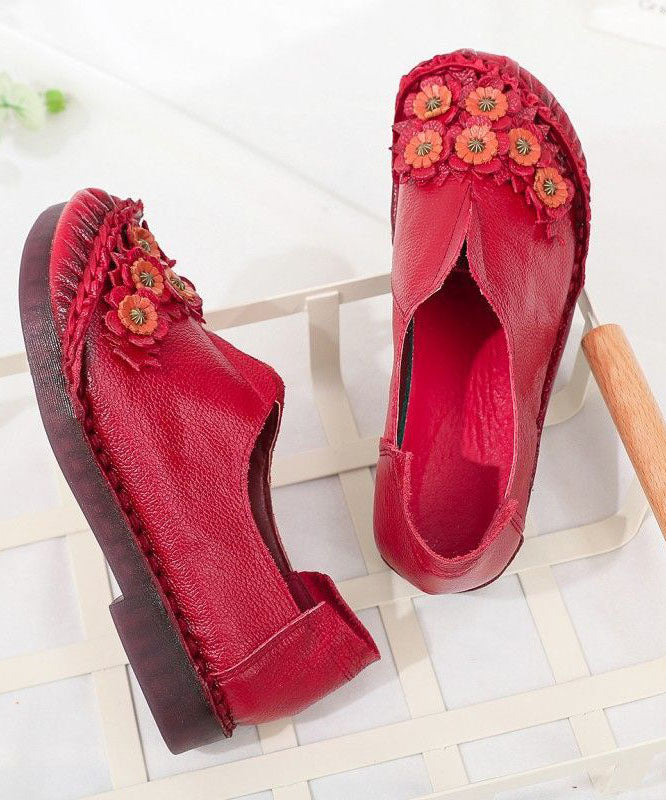 Unique Splicing Flat Shoes For Women Red Floral Cowhide Leather LY0172