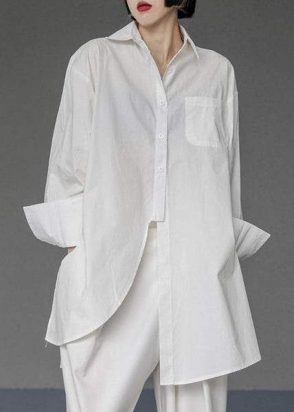 Unique White Asymmetrical Design Side Open Cotton Long Shirts Spring LY1500