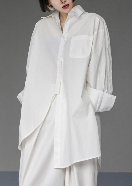 Unique White Asymmetrical Design Side Open Cotton Long Shirts Spring LY1500