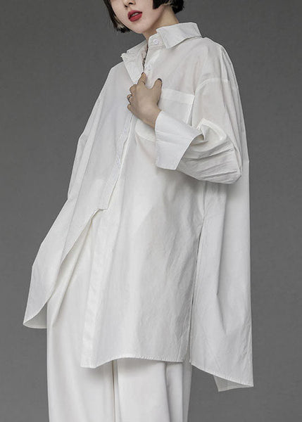 Unique White Asymmetrical Design Side Open Cotton Long Shirts Spring LY1500