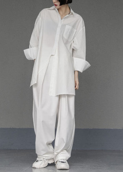Unique White Asymmetrical Design Side Open Cotton Long Shirts Spring LY1500