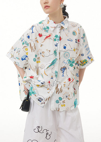Unique White Peter Pan Collar Print Button Cotton Shirt Short Sleeve LY1204