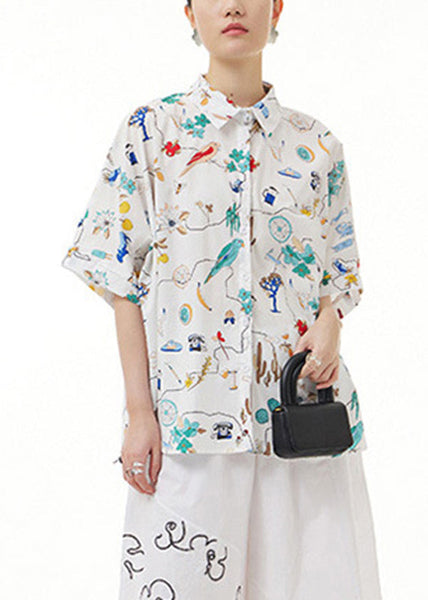 Unique White Peter Pan Collar Print Button Cotton Shirt Short Sleeve LY1204