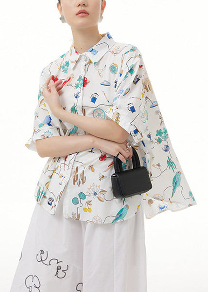 Unique White Peter Pan Collar Print Button Cotton Shirt Short Sleeve LY1204