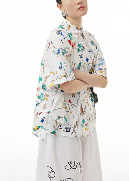 Unique White Peter Pan Collar Print Button Cotton Shirt Short Sleeve LY1204