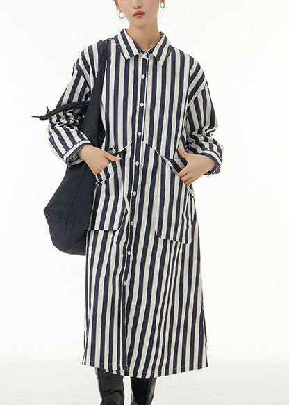 Unique White Peter Pan Collar Striped Pockets Patchwork Cotton Shirts Dress Spring LY1162