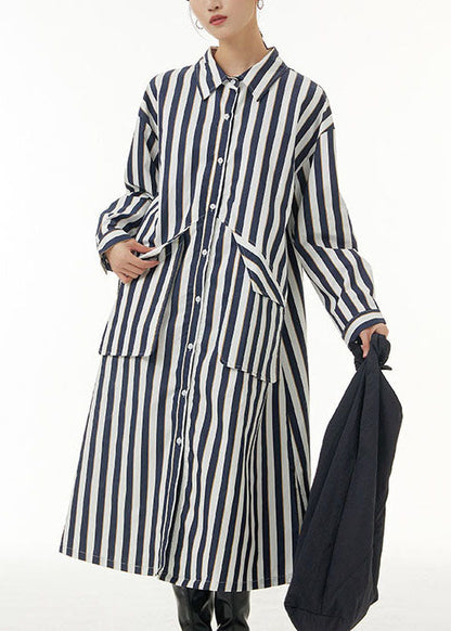 Unique White Peter Pan Collar Striped Pockets Patchwork Cotton Shirts Dress Spring LY1162