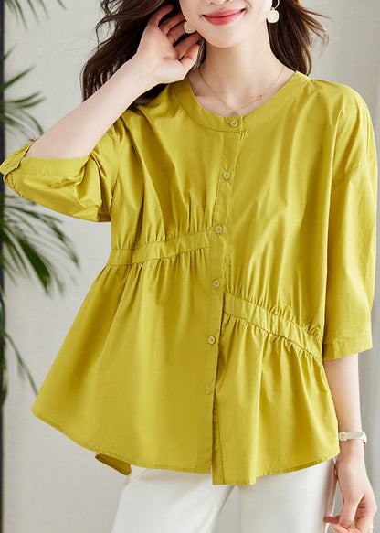 Unique Yellow Button Wrinkled Patchwork Cotton Shirts Summer TQ1042