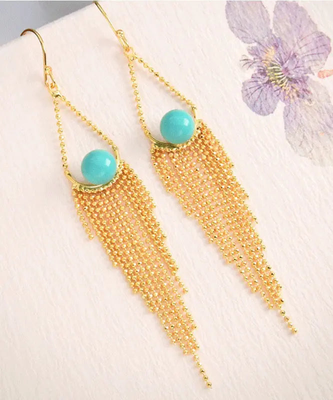 Unique Yellow Sterling Silver Overgild Turquoise Tassel Drop Earrings Ada Fashion