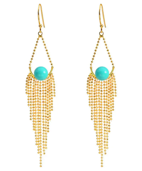 Unique Yellow Sterling Silver Overgild Turquoise Tassel Drop Earrings Ada Fashion